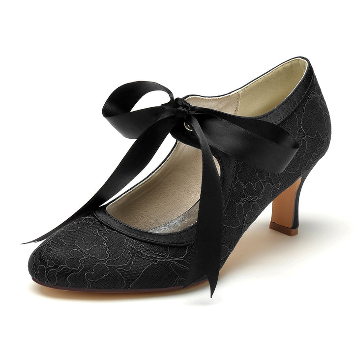 Chaussures de Mariage pour Femmes en Dentelle à Talon Moyen et Bout Rond Fermé avec Nœud