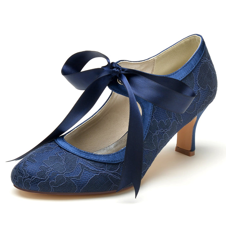 Chaussures de Mariage pour Femmes en Dentelle à Talon Moyen et Bout Rond Fermé avec Nœud