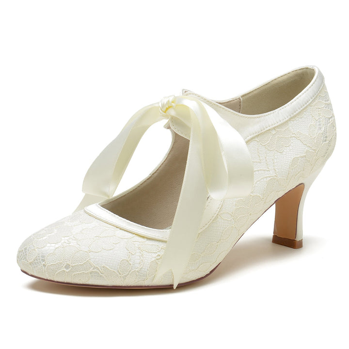 Chaussures de Mariage pour Femmes en Dentelle à Talon Moyen et Bout Rond Fermé avec Nœud
