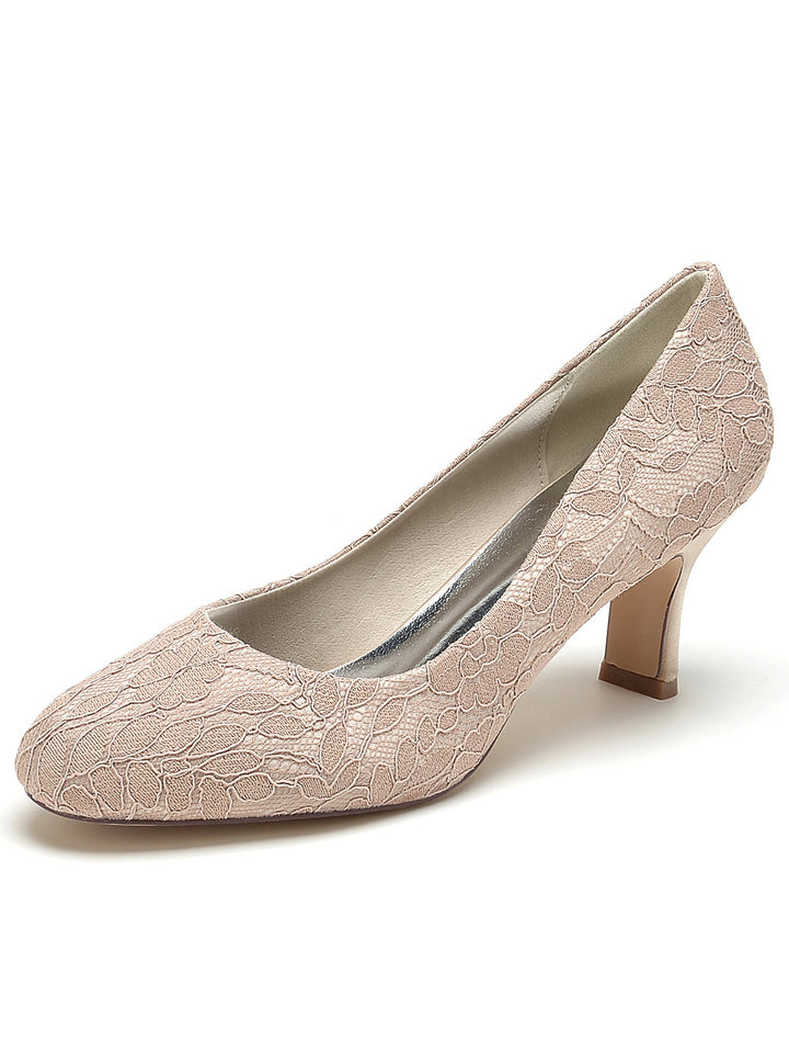 Chaussures de Mariée à Bout Pointu et Talon Moyen en Dentelle pour Femmes