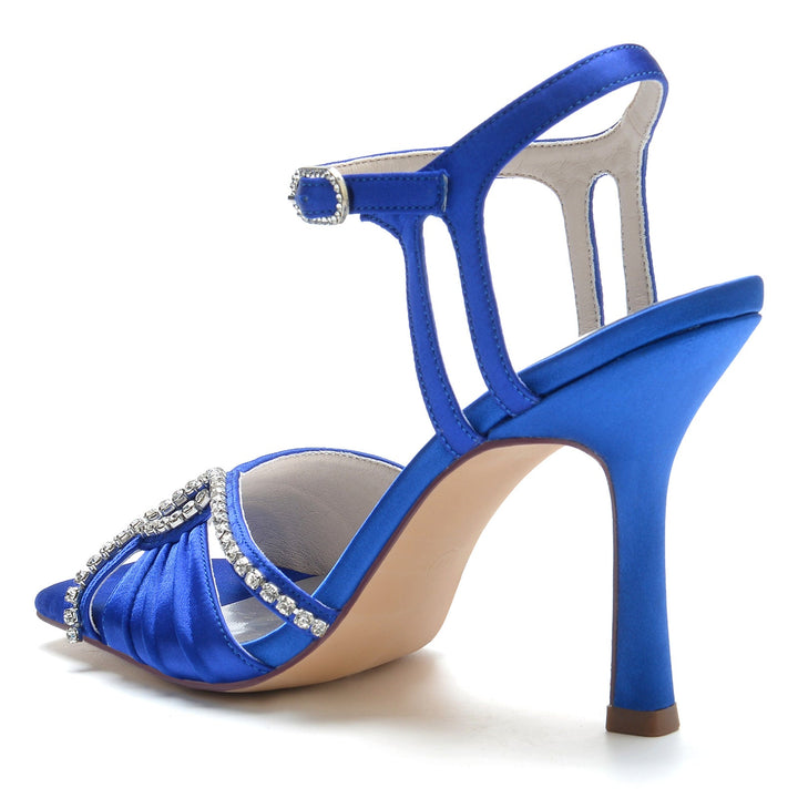 Chaussures de Mariage pour Femmes, Bout Ouvert Carré, Volants, Boucle en Strass, Chaussures de Mariée à Talons Hauts