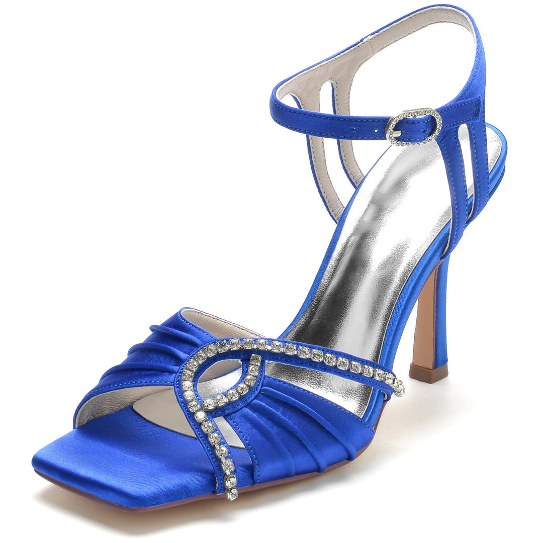 Chaussures de Mariage pour Femmes, Bout Ouvert Carré, Volants, Boucle en Strass, Chaussures de Mariée à Talons Hauts