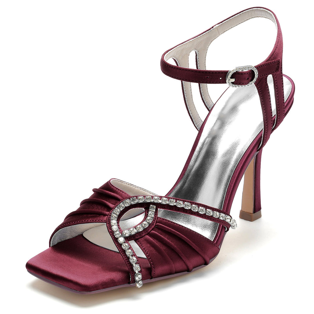 Chaussures de Mariage pour Femmes, Bout Ouvert Carré, Volants, Boucle en Strass, Chaussures de Mariée à Talons Hauts