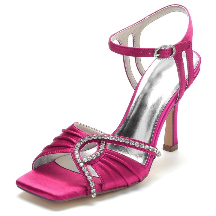 Chaussures de Mariage pour Femmes, Bout Ouvert Carré, Volants, Boucle en Strass, Chaussures de Mariée à Talons Hauts