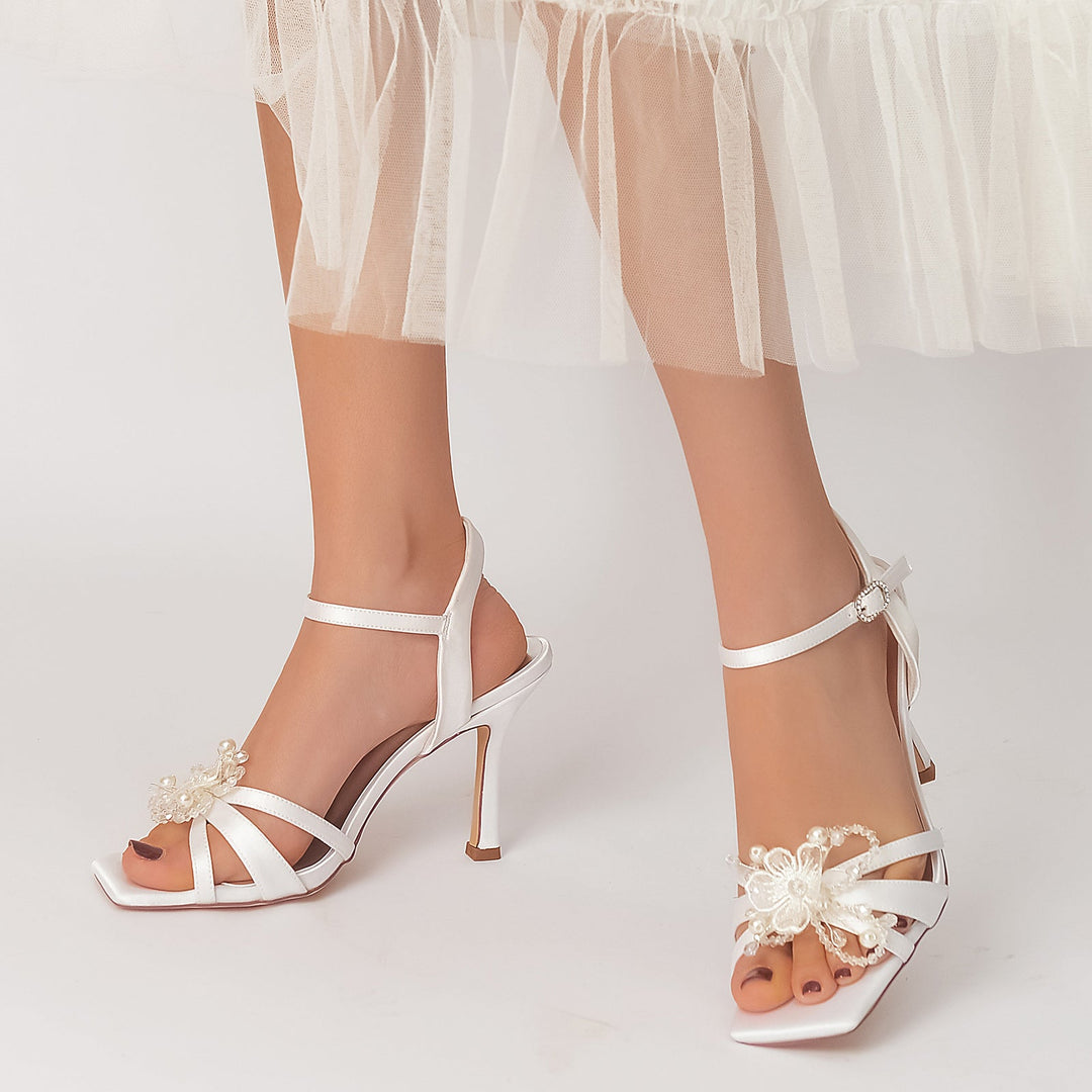 Chaussures de Mariage pour Femmes avec Perles et Fleurs, Bout Carré Ouvert, Talon Haut, Boucle, Chaussures de Mariée
