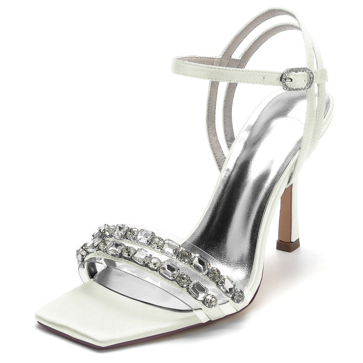 Chaussures de Mariage pour Femmes, Chaussures de Mariée à Talons Hauts, à Bout Ouvert et Carré, avec Strass Imitation