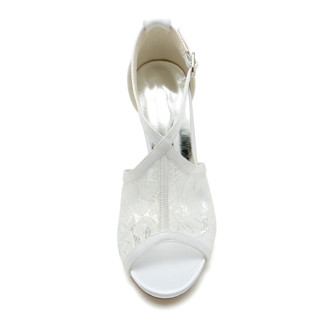 Chaussures de Mariage pour Femmes en Dentelle à Bout Ouvert et à Talons Hauts avec Boucle