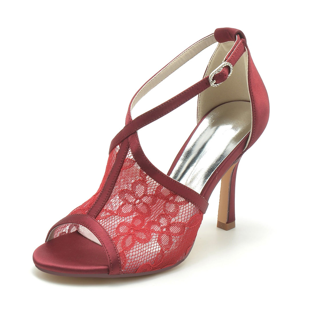 Chaussures de Mariage pour Femmes en Dentelle à Bout Ouvert et à Talons Hauts avec Boucle