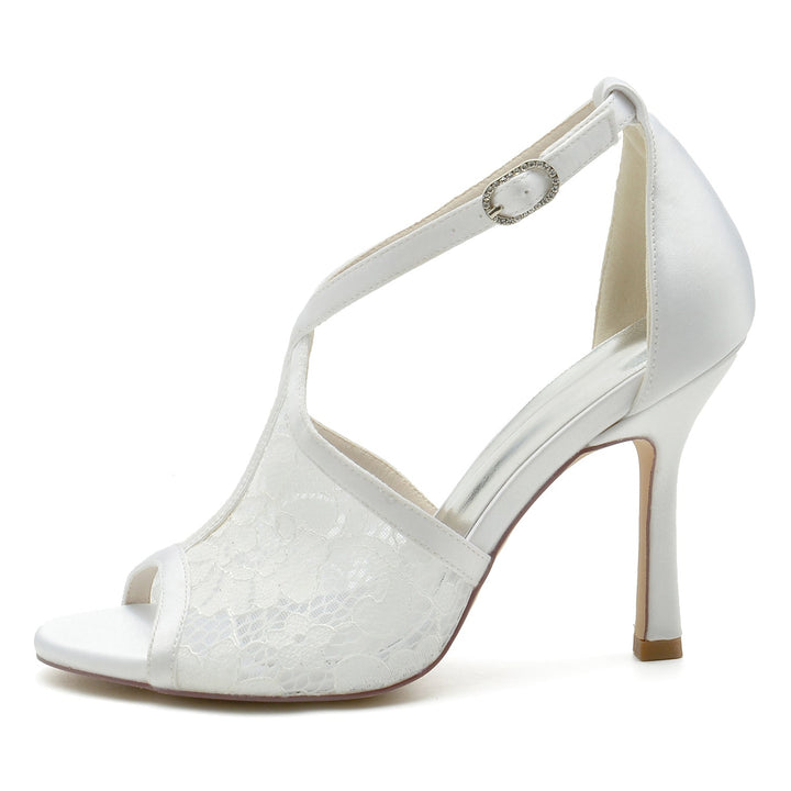 Chaussures de Mariage pour Femmes en Dentelle à Bout Ouvert et à Talons Hauts avec Boucle