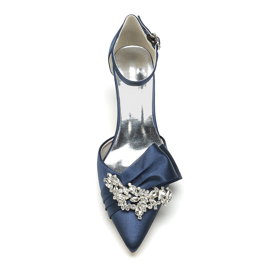 Chaussures de Mariage pour Femmes en Satin de Soie avec Nœud en Strass et Boucle à Bout Pointu