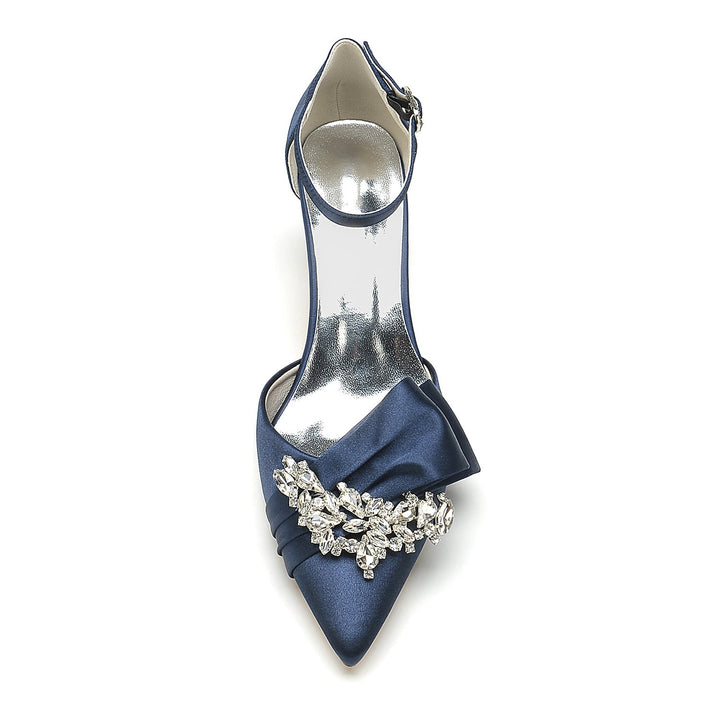 Chaussures de Mariage pour Femmes en Satin de Soie avec Nœud en Strass et Boucle à Bout Pointu