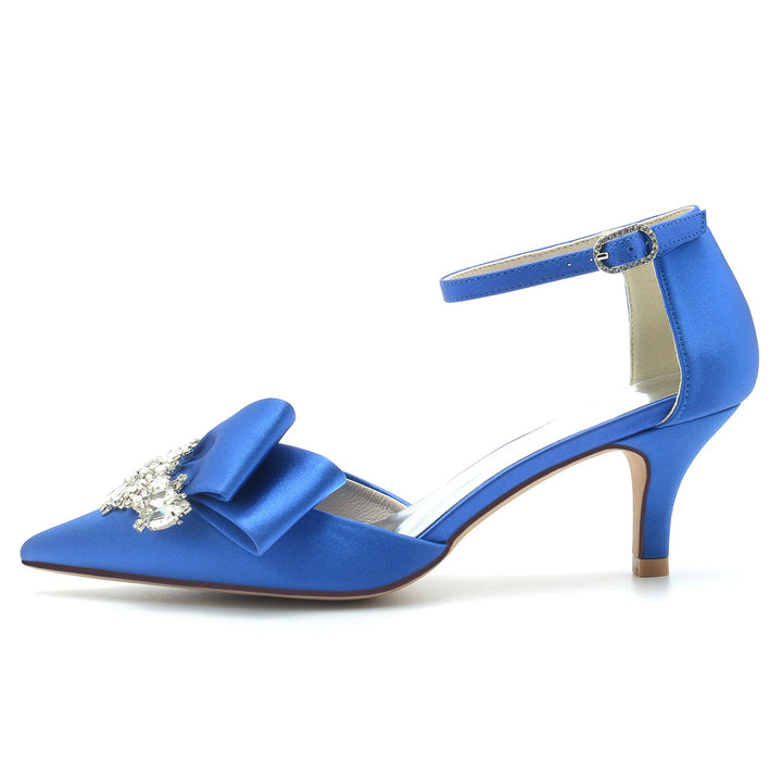 Chaussures de Mariage pour Femmes en Satin de Soie avec Nœud en Strass et Boucle à Bout Pointu
