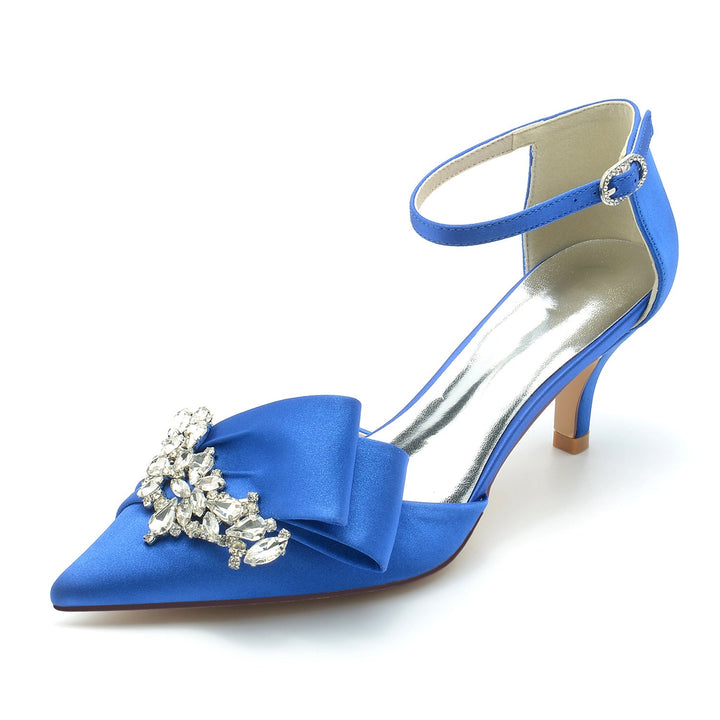 Chaussures de Mariage pour Femmes en Satin de Soie avec Nœud en Strass et Boucle à Bout Pointu