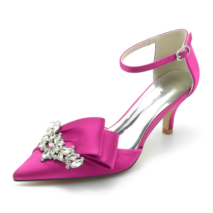 Chaussures de Mariage pour Femmes en Satin de Soie avec Nœud en Strass et Boucle à Bout Pointu