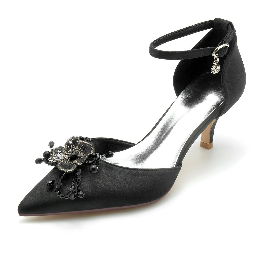 Chaussures de Mariage pour Femmes en Satin de Soie avec Strass et Fleurs, Chaussures de Mariée à Talon Moyen et Bout Pointu