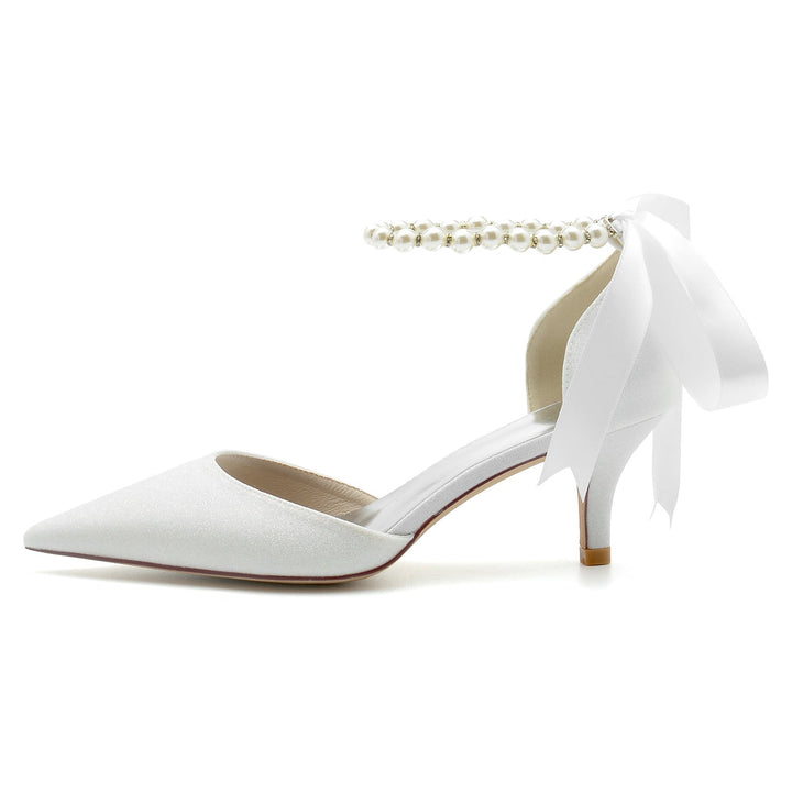Chaussures de Mariage pour Femmes, Chaussures de Mariée à Bout Pointu, Talon Moyen et Nœud, Perles Scintillantes