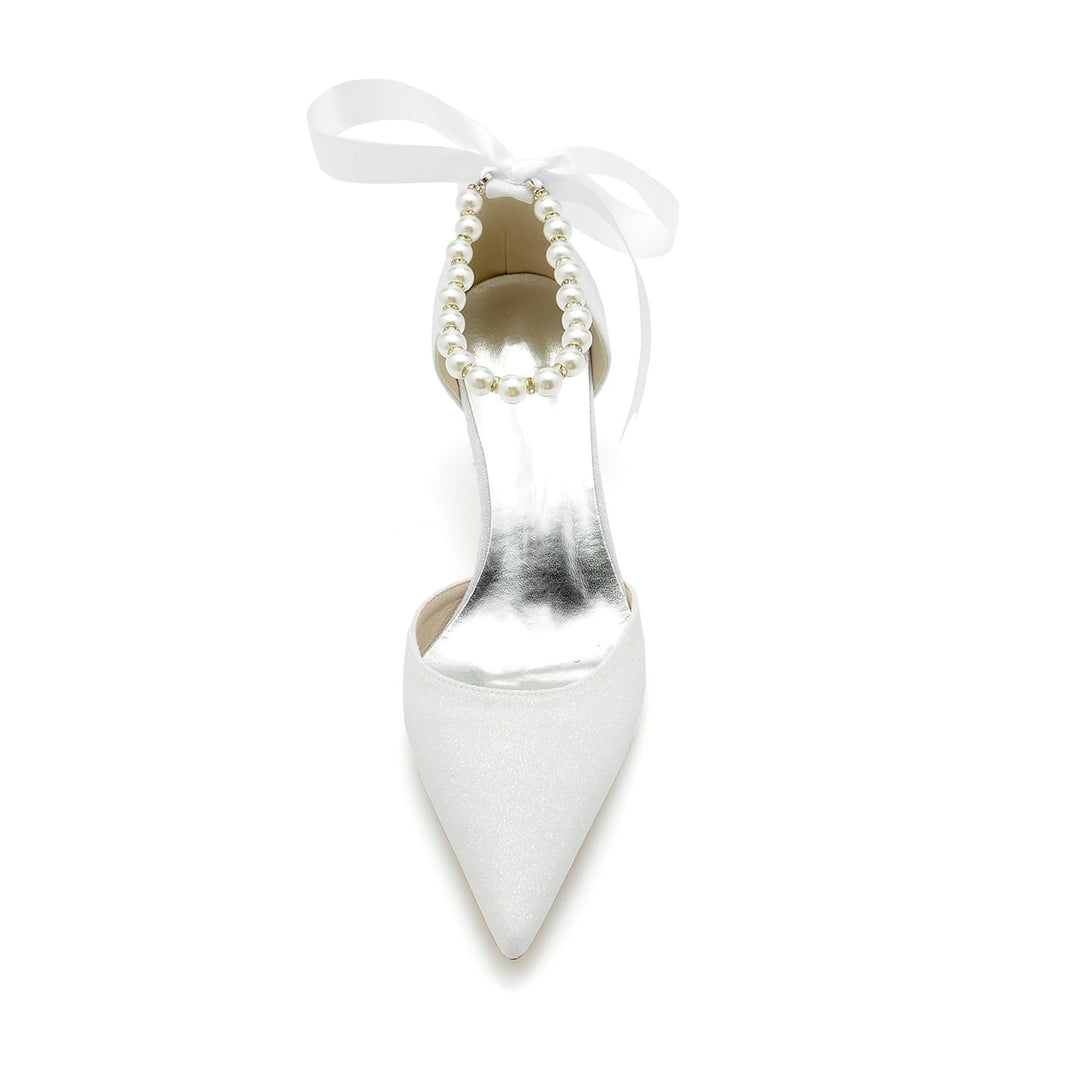 Chaussures de Mariage pour Femmes, Chaussures de Mariée à Bout Pointu, Talon Moyen et Nœud, Perles Scintillantes