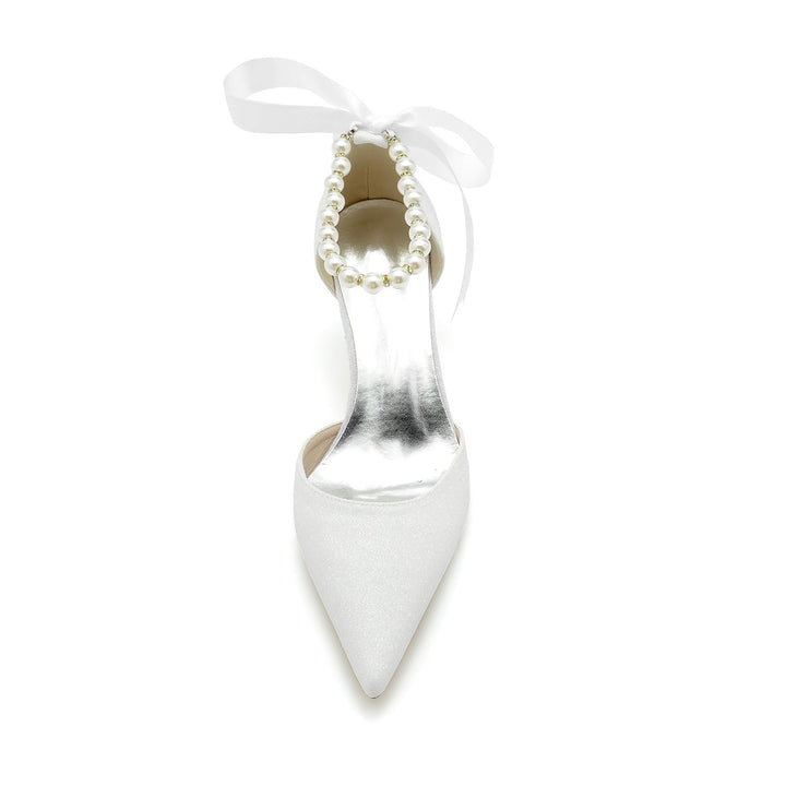 Chaussures de Mariage pour Femmes, Chaussures de Mariée à Bout Pointu, Talon Moyen et Nœud, Perles Scintillantes