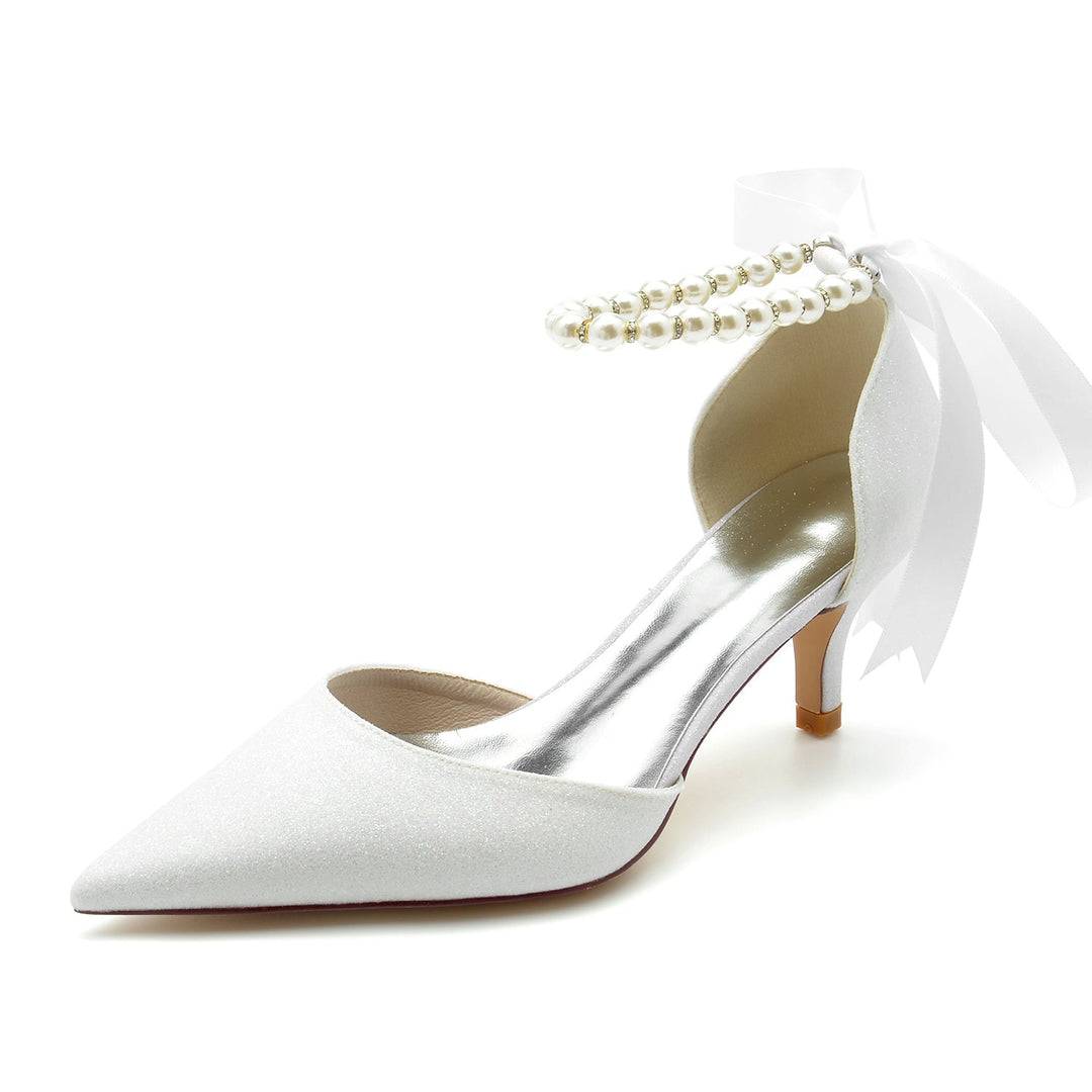 Chaussures de Mariage pour Femmes, Chaussures de Mariée à Bout Pointu, Talon Moyen et Nœud, Perles Scintillantes