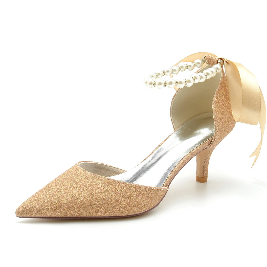Chaussures de Mariage pour Femmes, Chaussures de Mariée à Bout Pointu, Talon Moyen et Nœud, Perles Scintillantes