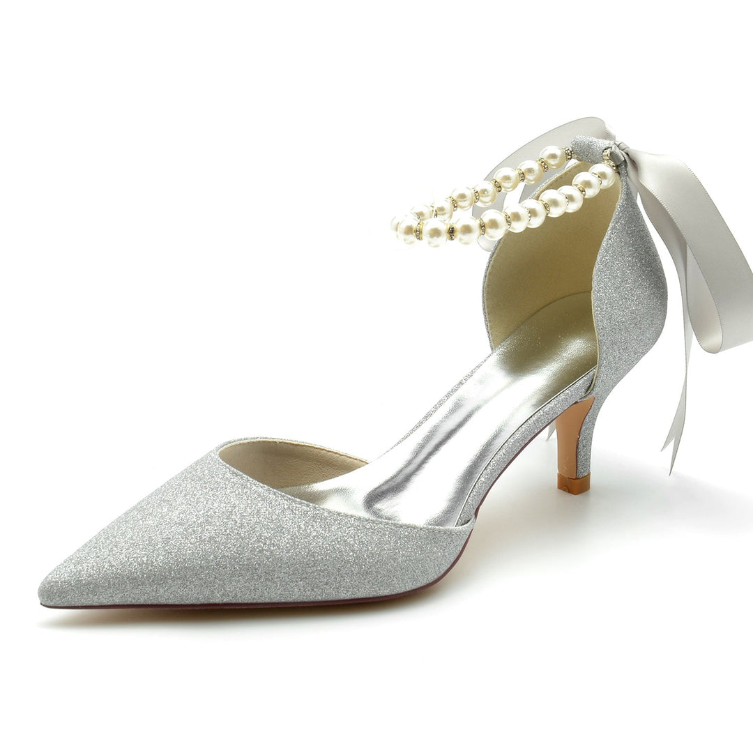 Chaussures de Mariage pour Femmes, Chaussures de Mariée à Bout Pointu, Talon Moyen et Nœud, Perles Scintillantes