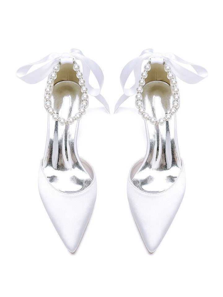 Chaussures de Mariée à Talon Moyen et Bout Pointu pour Femmes avec Perles
