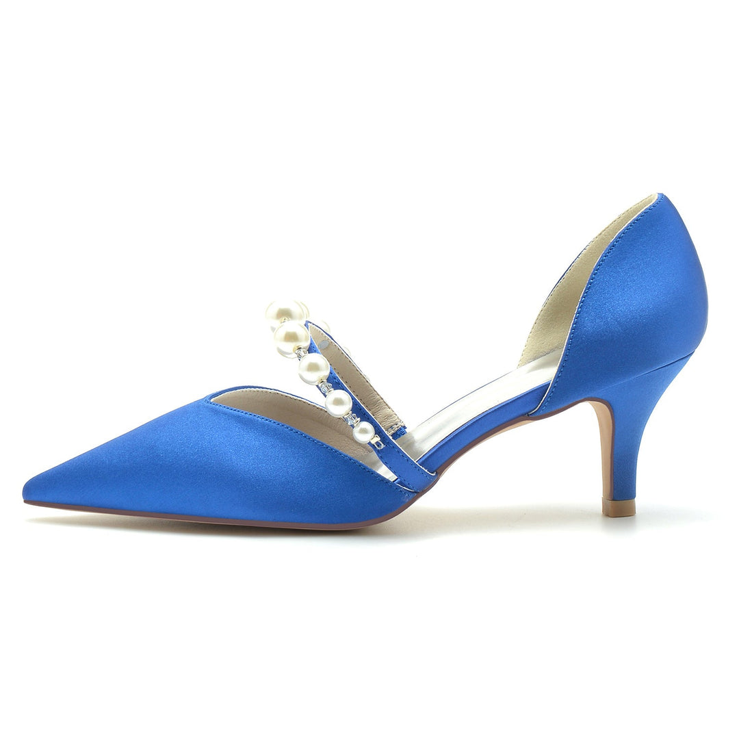Chaussures de Mariage pour Femmes en Satin de Soie et Perles, Chaussures de Mariée à Talon Moyen et Bout Fermé