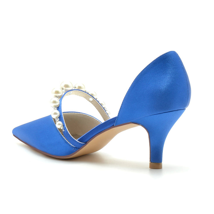 Chaussures de Mariage pour Femmes en Satin de Soie et Perles, Chaussures de Mariée à Talon Moyen et Bout Fermé