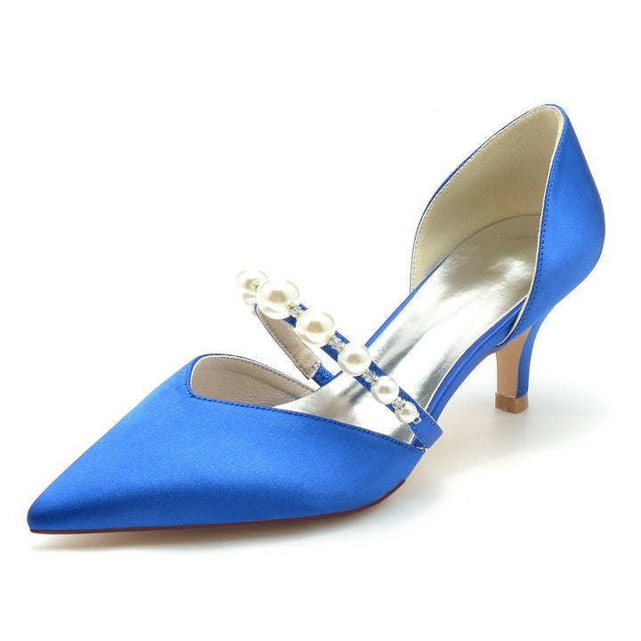 Chaussures de Mariage pour Femmes en Satin de Soie et Perles, Chaussures de Mariée à Talon Moyen et Bout Fermé
