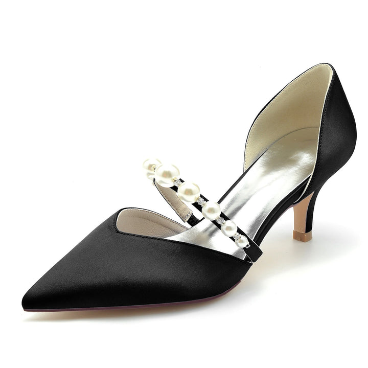 Chaussures de Mariage pour Femmes en Satin de Soie et Perles, Chaussures de Mariée à Talon Moyen et Bout Fermé