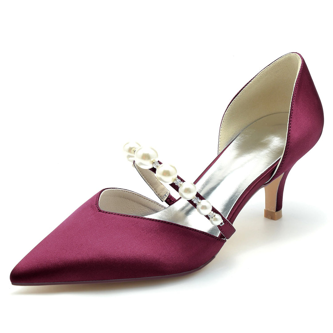Chaussures de Mariage pour Femmes en Satin de Soie et Perles, Chaussures de Mariée à Talon Moyen et Bout Fermé