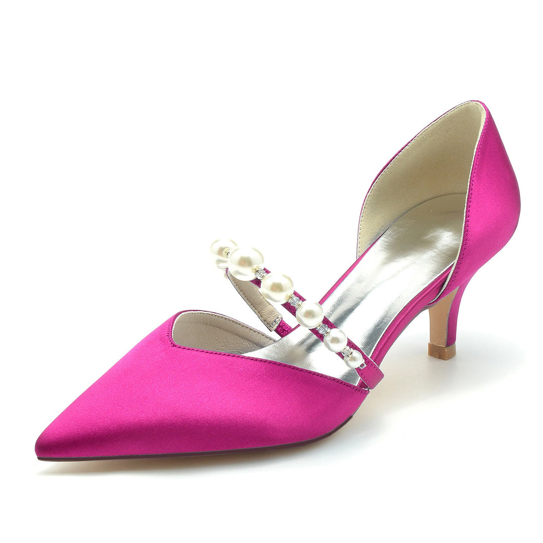 Chaussures de Mariage pour Femmes en Satin de Soie et Perles, Chaussures de Mariée à Talon Moyen et Bout Fermé