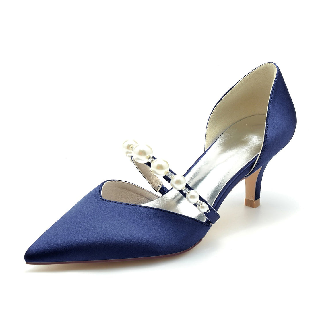 Chaussures de Mariage pour Femmes en Satin de Soie et Perles, Chaussures de Mariée à Talon Moyen et Bout Fermé