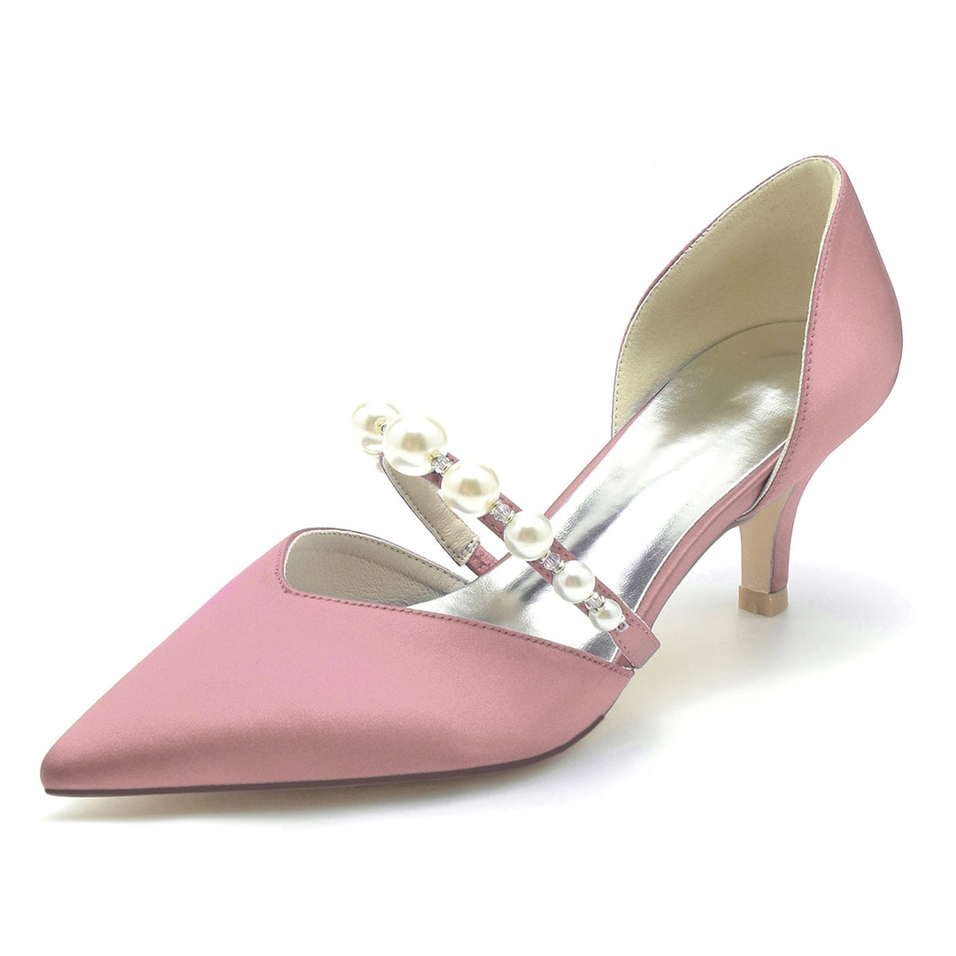 Chaussures de Mariage pour Femmes en Satin de Soie et Perles, Chaussures de Mariée à Talon Moyen et Bout Fermé