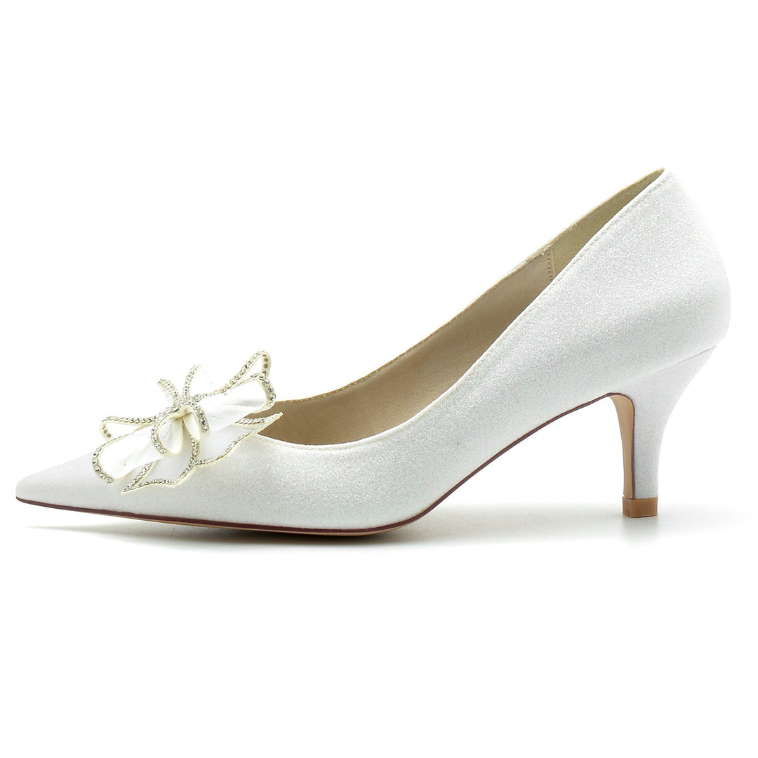 Chaussures de Mariage pour Femmes, Chaussures de Mariée à Bout Pointu et Talon Moyen avec Nœud à Paillettes