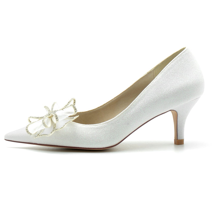 Chaussures de Mariage pour Femmes, Chaussures de Mariée à Bout Pointu et Talon Moyen avec Nœud à Paillettes