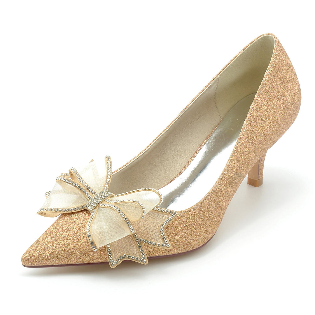 Chaussures de Mariage pour Femmes, Chaussures de Mariée à Bout Pointu et Talon Moyen avec Nœud à Paillettes