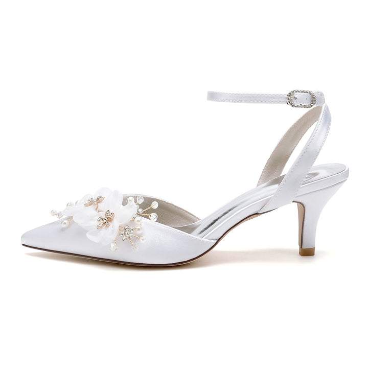Chaussures de Mariée à Bout Pointu et Talon Moyen en Dentelle pour Femmes