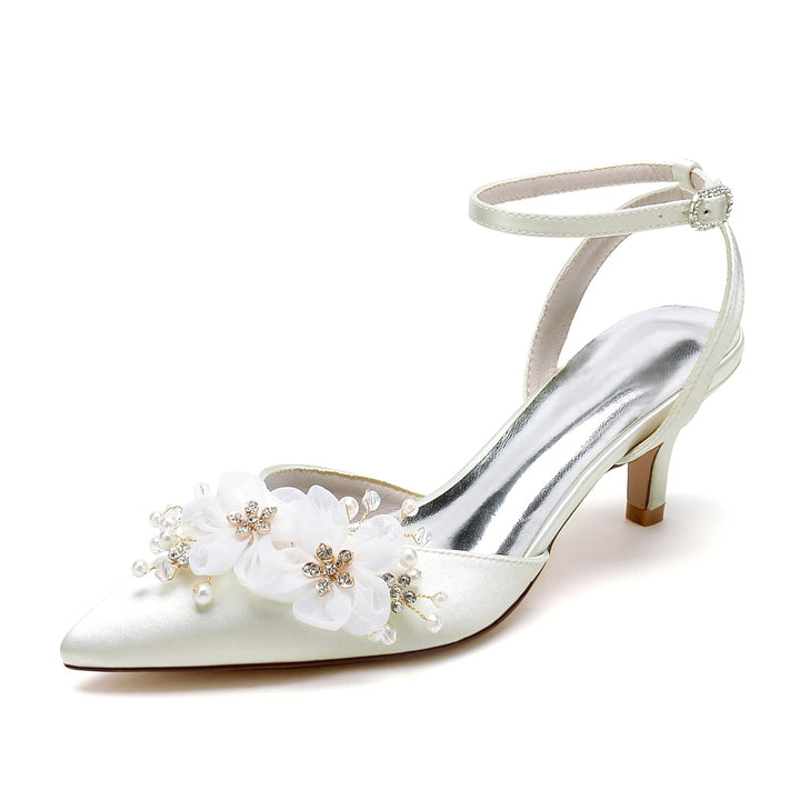 Chaussures de Mariée à Bout Pointu et Talon Moyen en Dentelle pour Femmes
