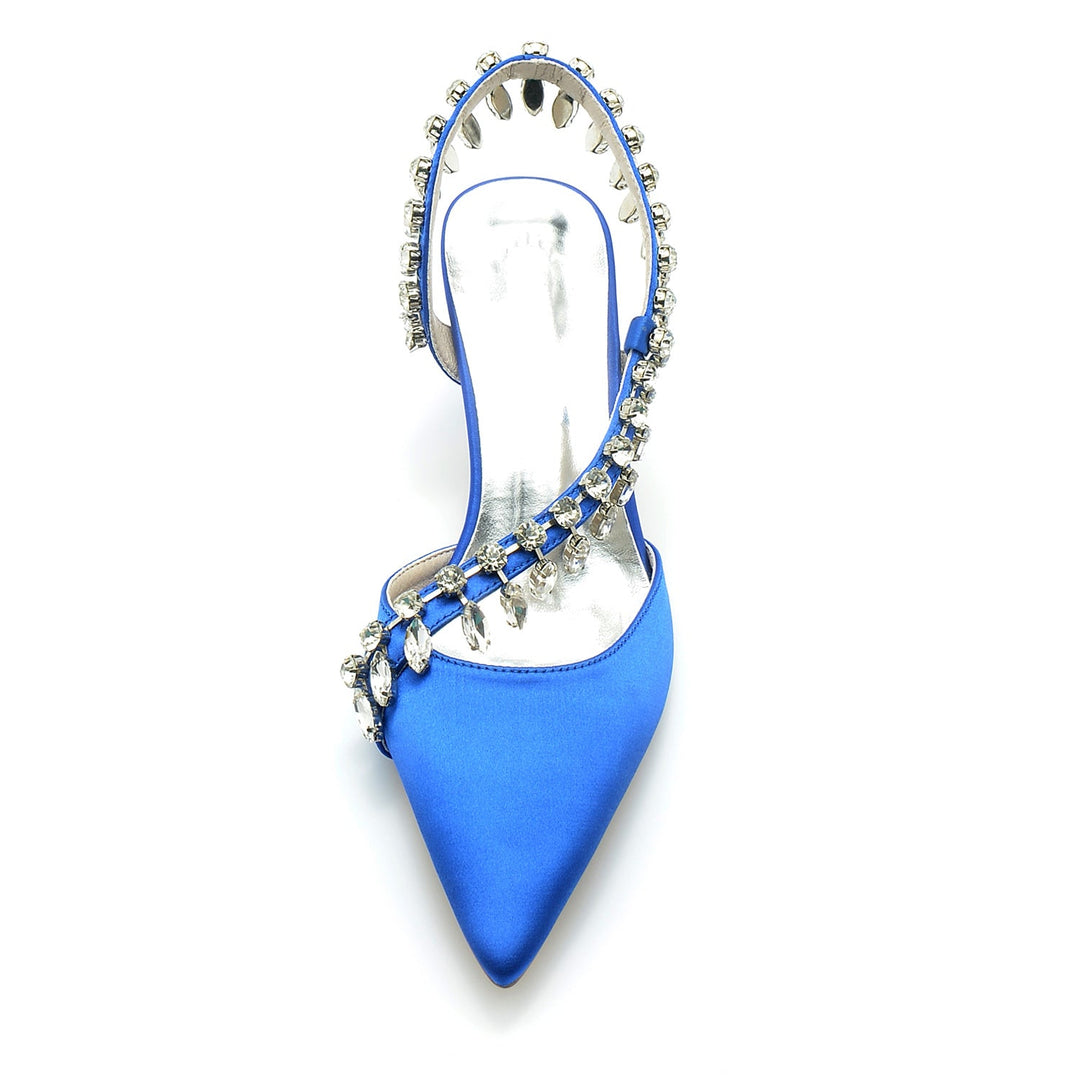 Chaussures de Mariage pour Femmes en Satin de Soie Imitation Cristal à Bout Pointu Mi-Haut, Chaussures de Mariée à Enfiler
