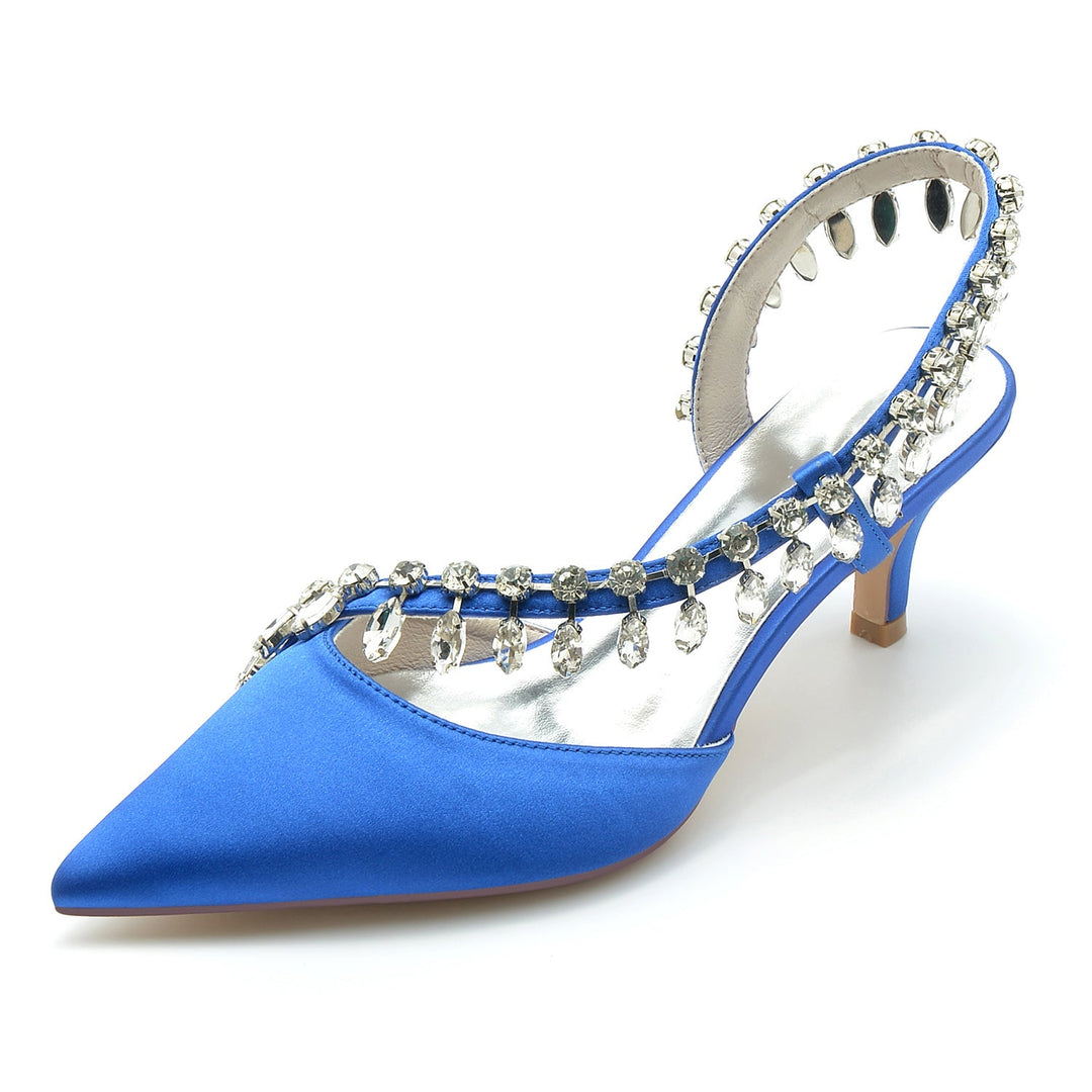 Chaussures de Mariage pour Femmes en Satin de Soie Imitation Cristal à Bout Pointu Mi-Haut, Chaussures de Mariée à Enfiler