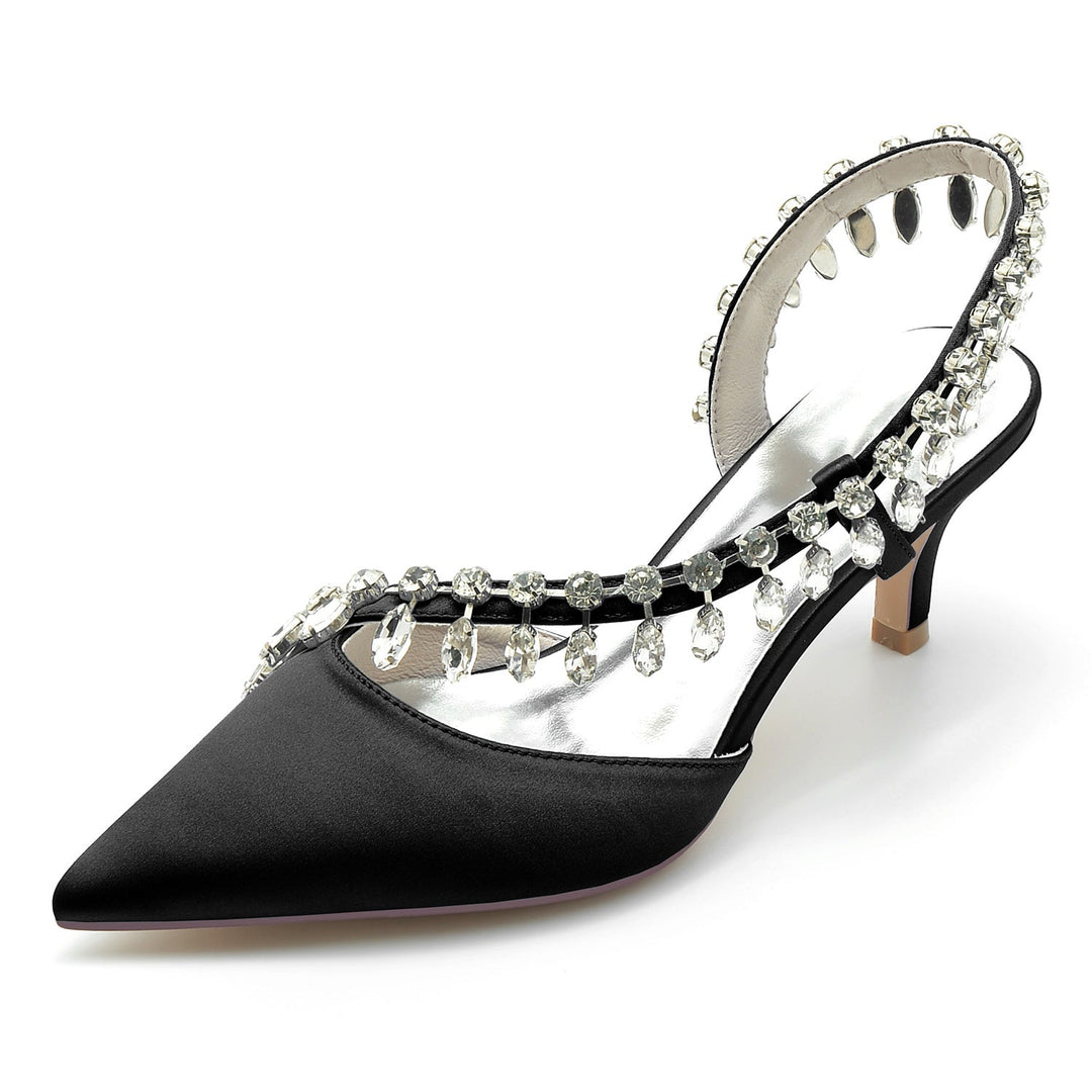 Chaussures de Mariage pour Femmes en Satin de Soie Imitation Cristal à Bout Pointu Mi-Haut, Chaussures de Mariée à Enfiler