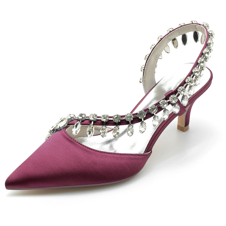 Chaussures de Mariage pour Femmes en Satin de Soie Imitation Cristal à Bout Pointu Mi-Haut, Chaussures de Mariée à Enfiler
