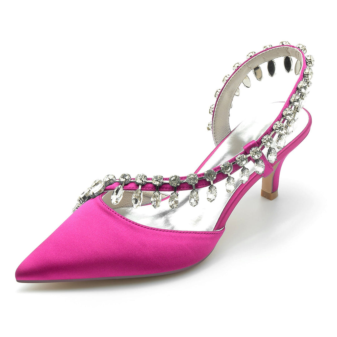 Chaussures de Mariage pour Femmes en Satin de Soie Imitation Cristal à Bout Pointu Mi-Haut, Chaussures de Mariée à Enfiler