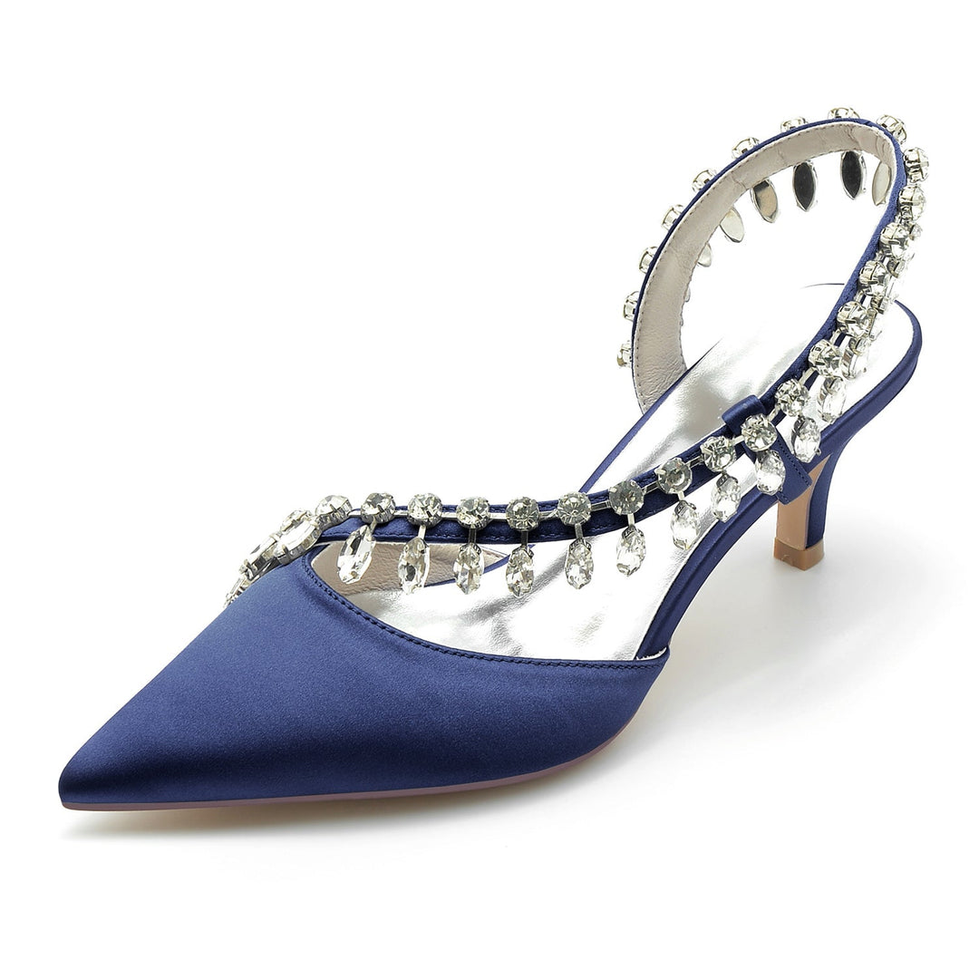 Chaussures de Mariage pour Femmes en Satin de Soie Imitation Cristal à Bout Pointu Mi-Haut, Chaussures de Mariée à Enfiler