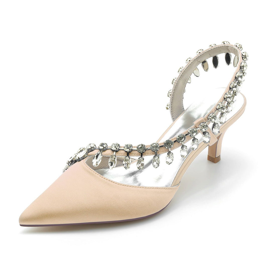 Chaussures de Mariage pour Femmes en Satin de Soie Imitation Cristal à Bout Pointu Mi-Haut, Chaussures de Mariée à Enfiler