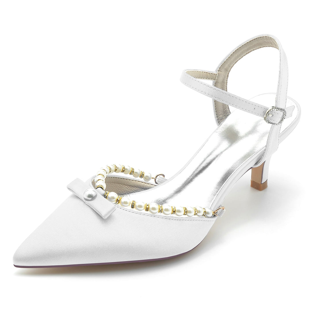 Chaussures de Mariage pour Femmes en Perles Blanches, Chaussures de Mariée à Bout Pointu et à Boucle Moyenne