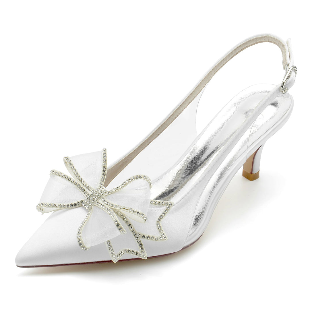 Chaussures de Mariage pour Femmes en Satin de Soie avec Nœud et Talon Moyen et Bout Pointu avec Boucle
