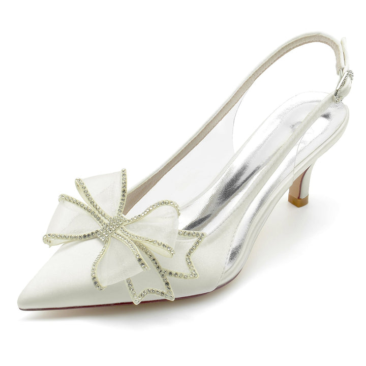 Chaussures de Mariage pour Femmes en Satin de Soie avec Nœud et Talon Moyen et Bout Pointu avec Boucle