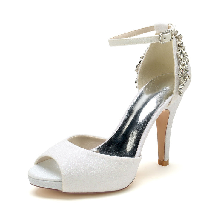 Chaussures de Mariage pour Femmes, Chaussures de Mariée à Paillettes et à Bout Ouvert, Talons Hauts, Boucle en Strass